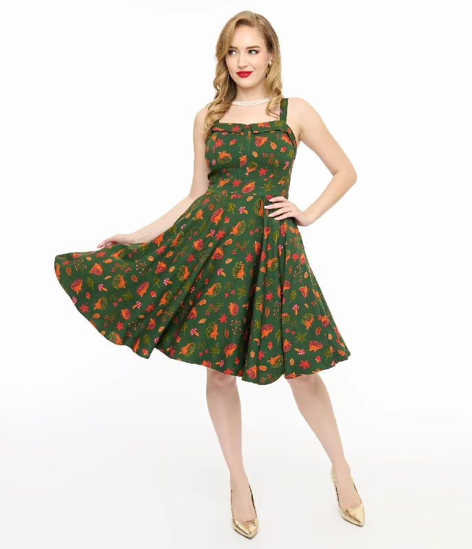  Miss Lulo 1950s Green Hedgehog Forest Print Kyla Fit & Flare Dress