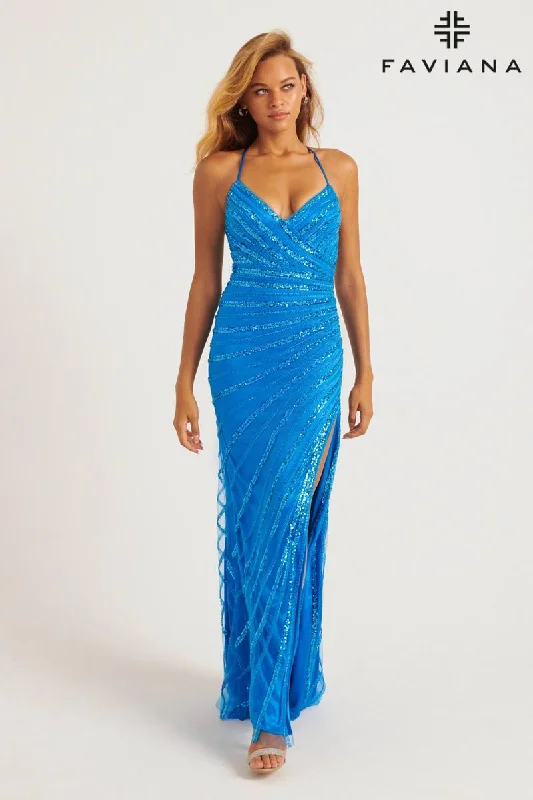Strapless mini dresses for a beach vacation Faviana V-Neck Sequin Prom Dress 11242