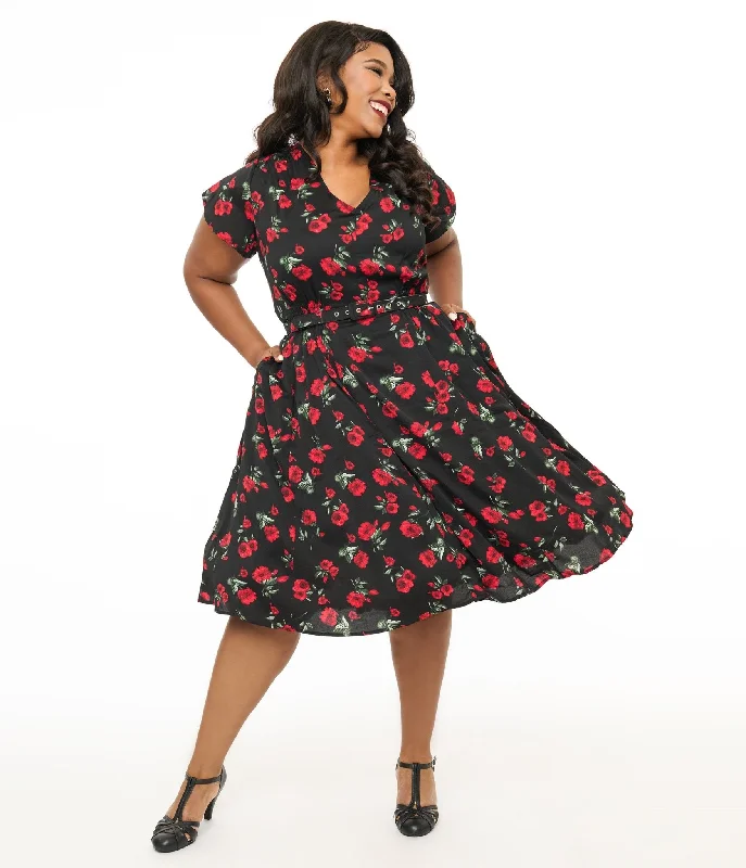  Unique Vintage Plus Size 1940s Black & Red Floral Print Tulip Sleeve Swing Dress