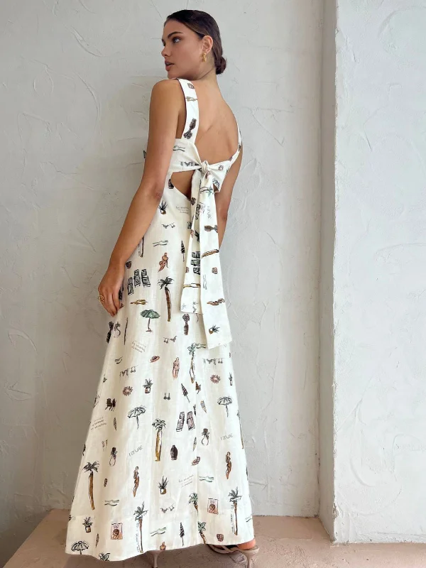 Sleeveless Casual Dresses for Warm Weather​ Tropical Print Knotted Long Dress
