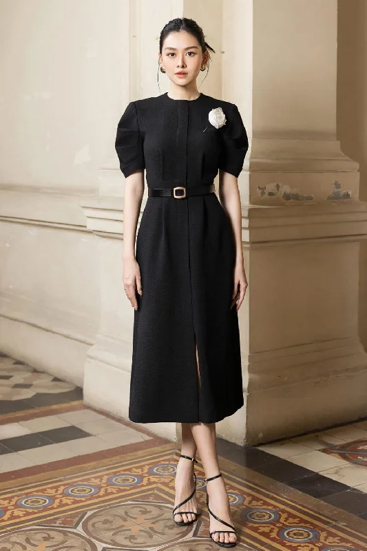 Midi dresses with button - front designs for a classic touch Eva Slit Puffy Sleeved Wool Midi Dress