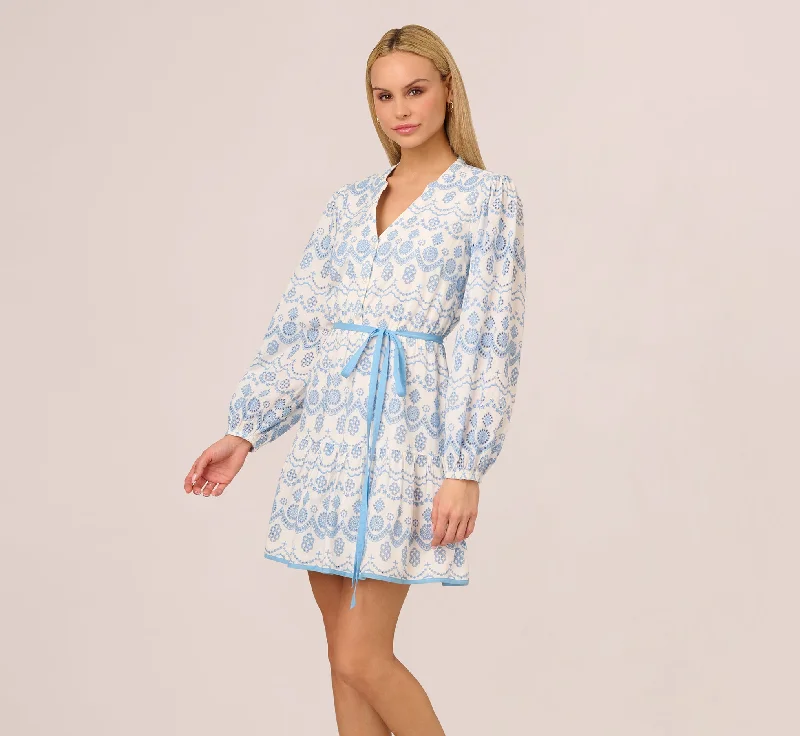 Everyday Dress with Paneled Skirt for a Unique Look​ Long Sleeve Flounce Eyelet Shirt Dress In Light Blue Ivory