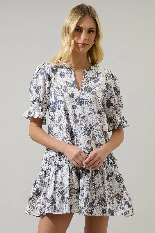 Boho Style Casual Dresses with Fringe Details​ Bryony Floral Marinella Smocked Mini Dress