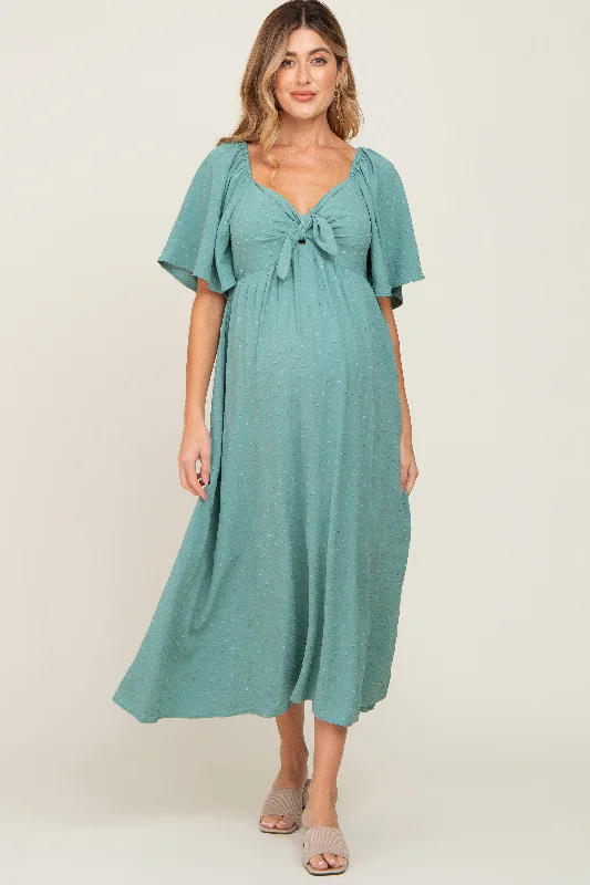 Maternity dress for a baby's first visit to the amusement park Sage Textured Dot Front Tie Ruffle Sleeve Maternity Midi Dress