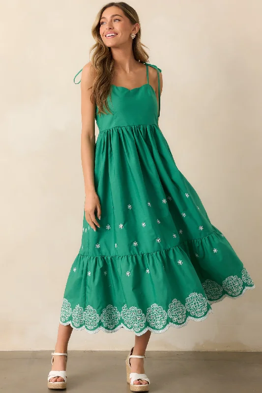 Picnic - Ready Casual Dresses in Bright Colors​ Lighthearted Mood Green Embroidered Eyelet Maxi Dress