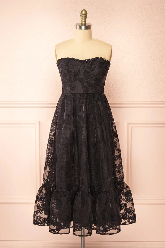 Leather mini dresses for a edgy style Arhea | Black Bustier Floral Midi Dress