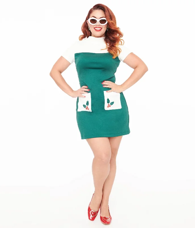 Everyday Dress with Asymmetric Hem for a Unique Look​ Smak Parlour 1960s Green & White Mistletoe Pocket Shift Dress