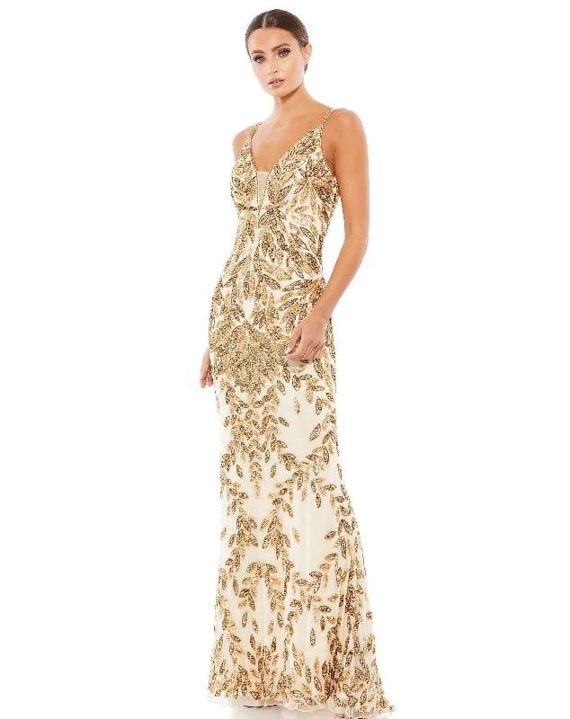 A - line wedding dresses with a beaded neckline​ Mac Duggal 5107 Embellished Gold Leaf Long Evening Gown