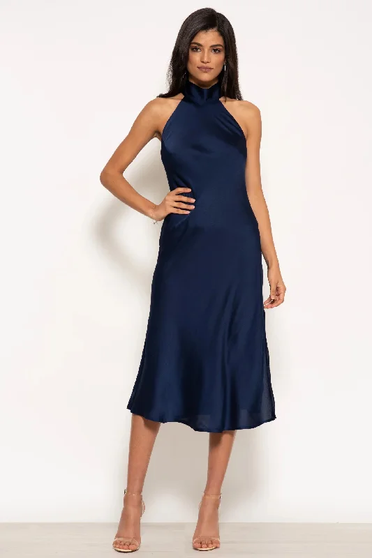 Midi dresses with geometric cutouts for a contemporary and edgy look Urban Touch Halterneck Satin Midi Dress Midi dresses with geometric cutouts for a contemporary and edgy look Urban Touch Halterneck Satin Midi Dress