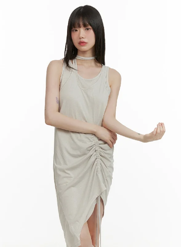 Mini dresses with pocket details for added functionality Shirred String Sleeveless Mini Dress CY428