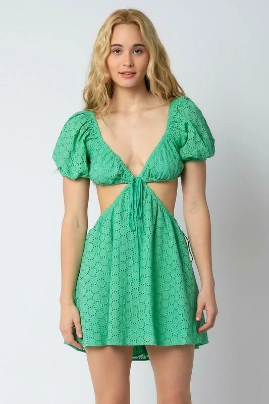 Petite - Sized Casual Dresses for Smaller Frames​ Lenah Green Eyelet Cutout Mini Dress