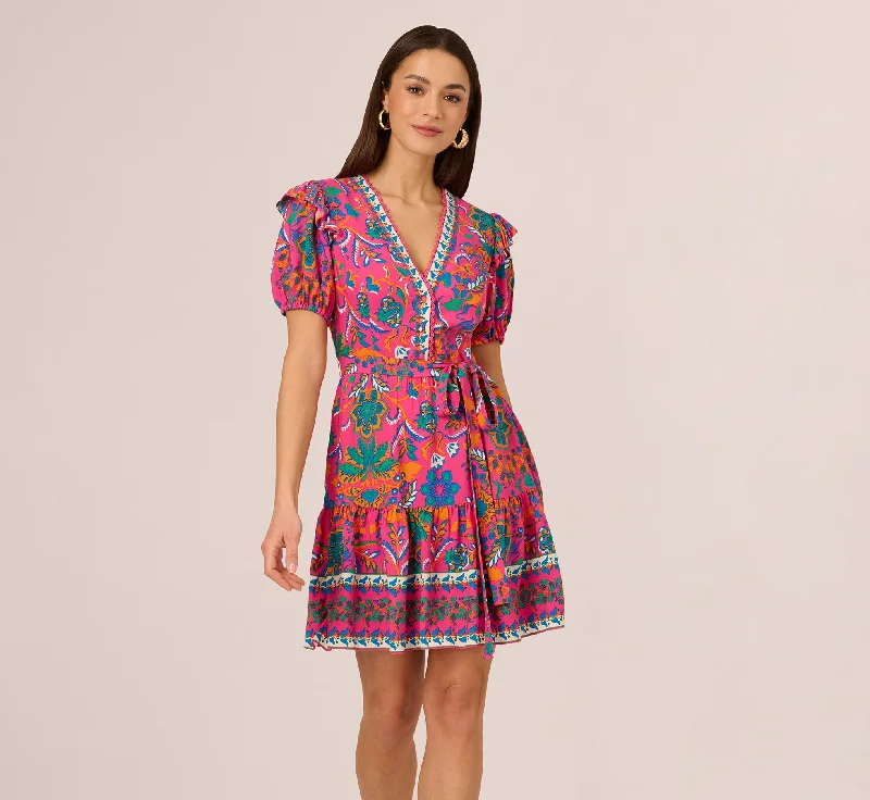 Everyday Dress with Kimono - style Sleeves for an Exotic Look​ Puff Sleeve Retro Printed Short Dress In Hot Pink Multi