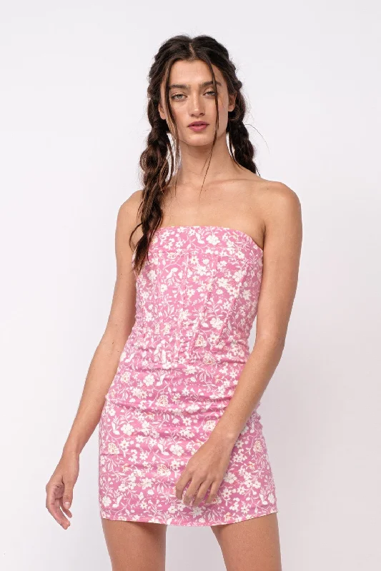 Button - Front Casual Dresses with Decorative Buttons​ Reagan Pink Floral Strapless Corset Dress