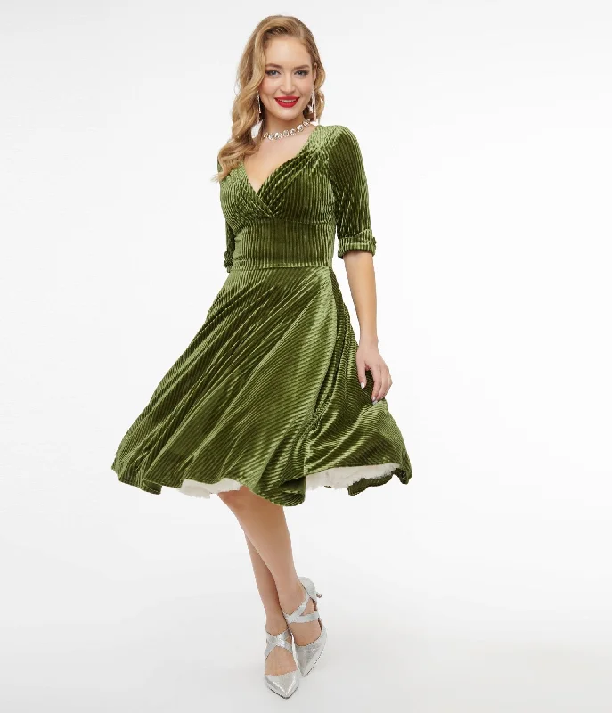 Everyday Dress with Convertible Design for Multiple Looks​ Unique Vintage 1950s Moss Green Velvet Delores Swing Dress