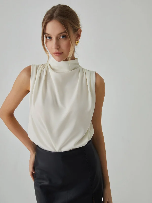 Home - Wear Casual Dresses for Comfort at Home​ Pleated High Neck Sleeveless Blouse