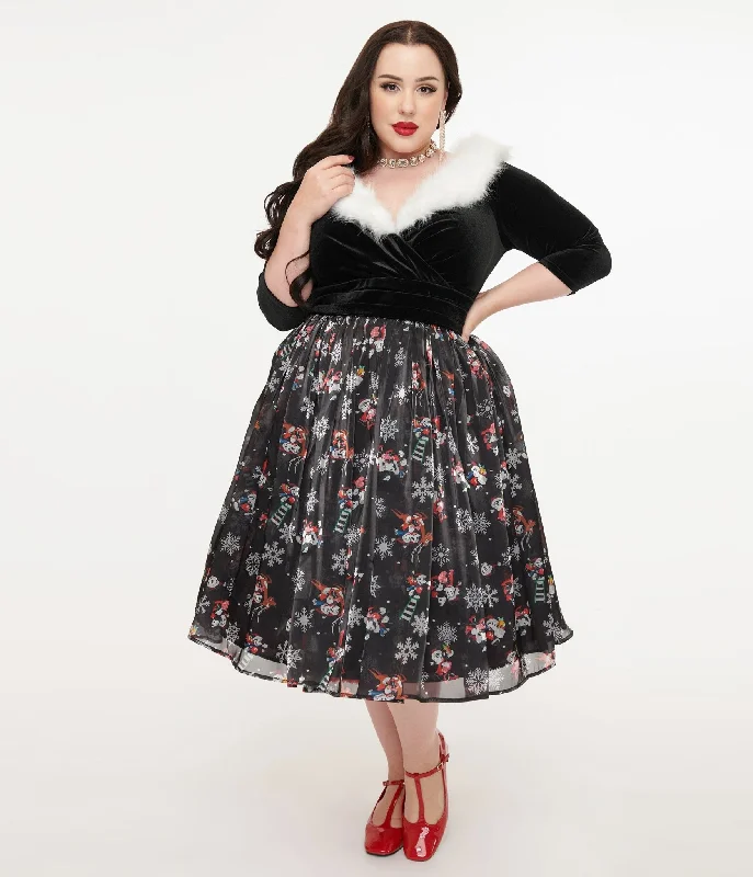Everyday Dress with Anti - allergenic Material for Sensitive Skin​ Disney Holiday Collection by Unique Vintage Plus Size Minnie & Mickey Fur Collared Marceline Swing Dress