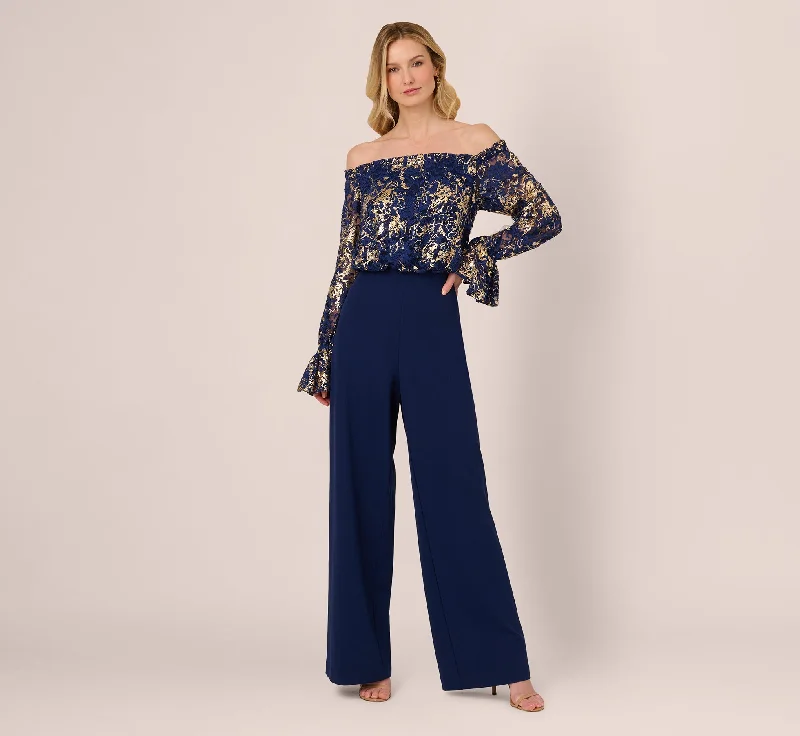 Everyday Dress with Polka - dot Design for a Fun Vibe​ Lace And Crepe Jumpsuit In Navy Gold