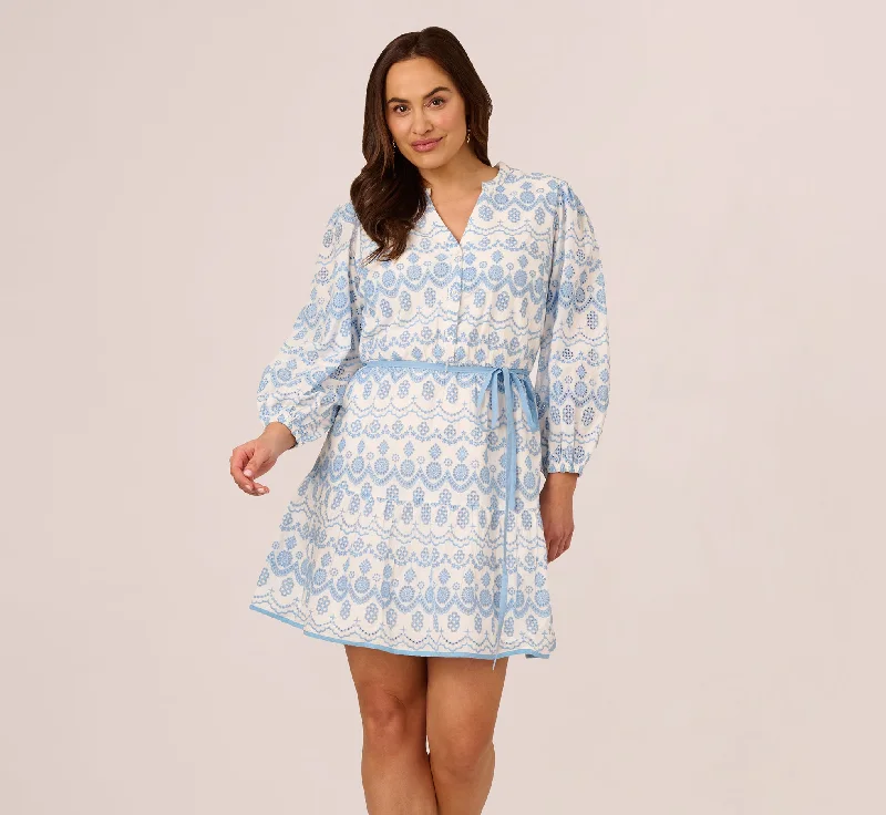 Everyday Dress with High - low Hem for a Trendy Edge​ Plus Size Long Sleeve Flounce Eyelet Shirt Dress In Light Blue Ivory
