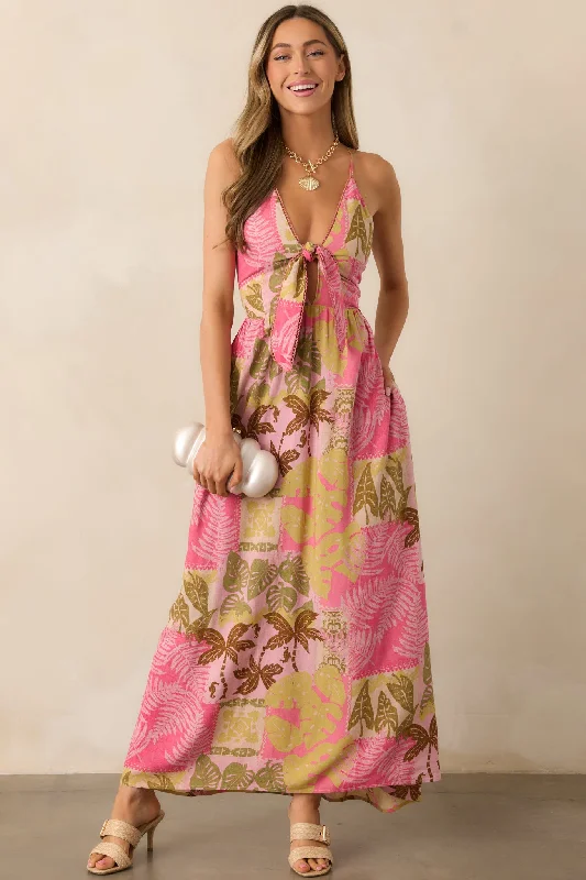 Sleeveless Casual Dresses for Warm Weather​ Just Passing Through Pink Tropical Print Maxi Dress