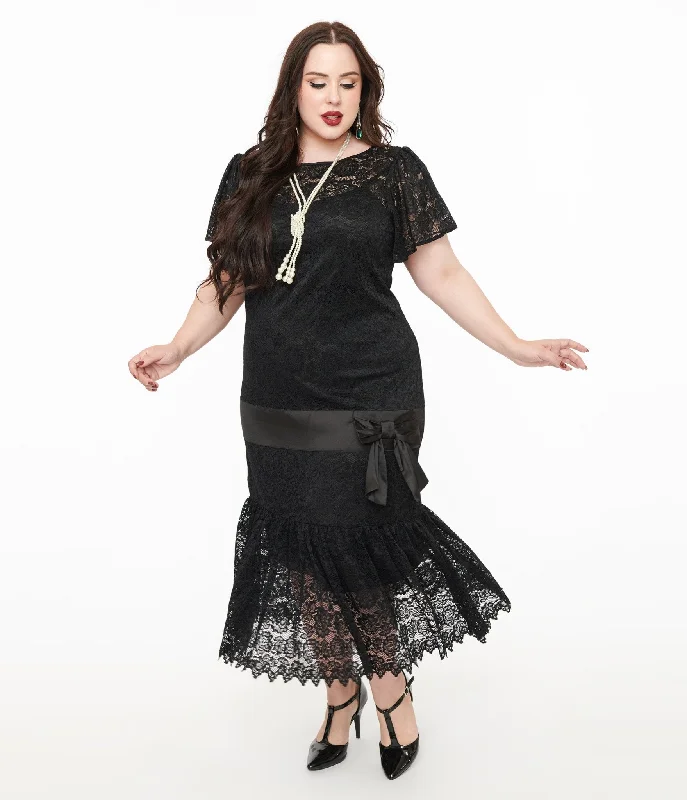 Petite Everyday Dress with Elastic Waistband​ Unique Vintage Plus Size 1920s Black Floral Lace & Bow Flapper Dress