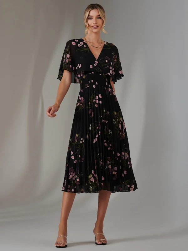 Midi dresses with pom - pom trims for a playful and festive look Floral Print Chiffon Pleated Dress, Black Pink Floral Midi dresses with pom - pom trims for a playful and festive look Floral Print Chiffon Pleated Dress, Black Pink Floral