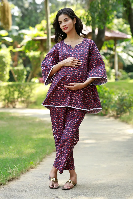 Maternity dress for a baby's first visit to the winery Comfy Merlot Blue Maternity Lounge Coord Set (2Pc)
