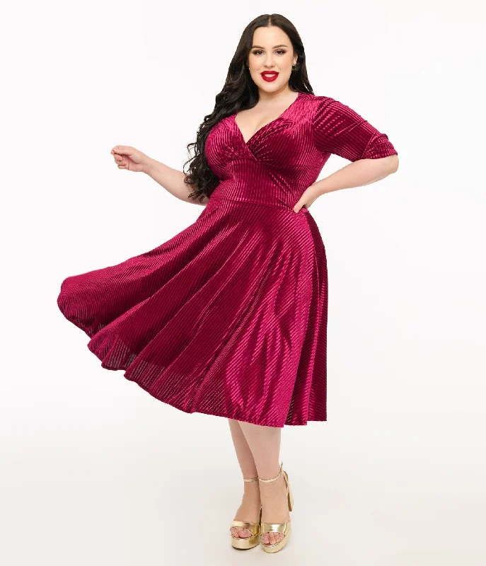  Unique Vintage Plus Size 1950s Merlot Textured Velvet Delores Swing Dress