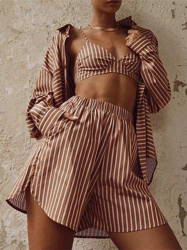 Detachable - Sleeve Casual Dresses for Versatility​ Stripe Three Piece Shorts Set