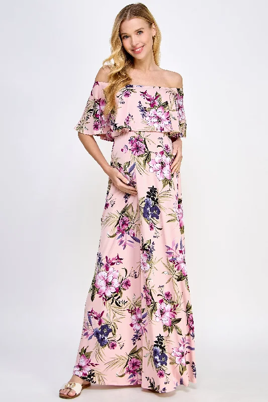 Maternity dress for a friend's wedding as a guest Ruffle Off The Shoulder Maxi Maternity Dress