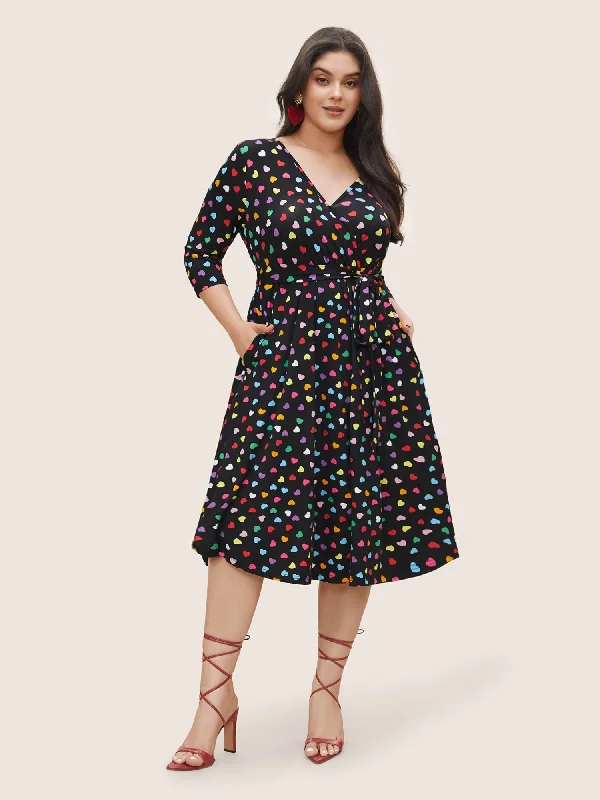 Everyday Dress with Spaghetti Straps for a Delicate Look​ Colored Heart Print Belted Overlap Collar Dress