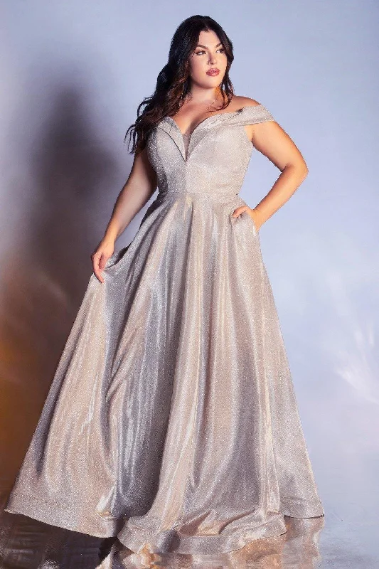 Empire - line wedding dresses with a ruffled skirt​ Cinderella Divine CD210C Prom Long Off Shoulder Metallic Plus Size Dress