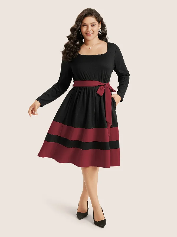 Everyday Dress with Removable Accessories for Customization​ Two Tone Belted Bowknot Square Neck Dress