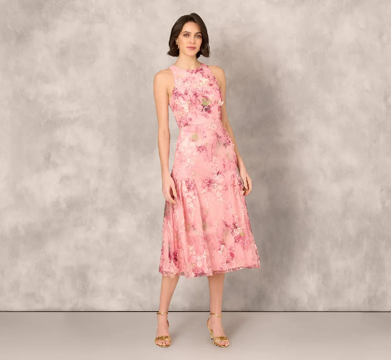 Midi dresses with gathered skirts for a full and flowing silhouette Sleeveless Embroidered Side Flounce Midi Dress In Pink Multi Midi dresses with gathered skirts for a full and flowing silhouette Sleeveless Embroidered Side Flounce Midi Dress In Pink Multi