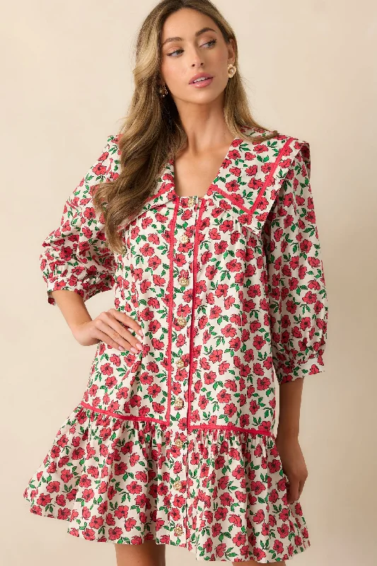Belted Casual Dresses to Define the Waist​ Butterfly Garden Red Cotton Button Front Mini Dress