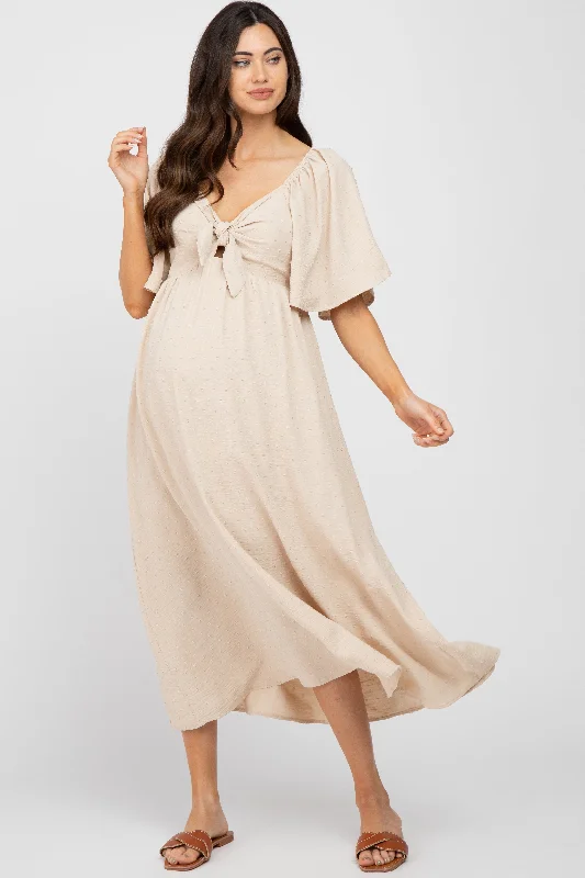 Nursing friendly maternity dress for breastfeeding Beige Textured Dot Front Tie Ruffle Sleeve Maternity Midi Dress