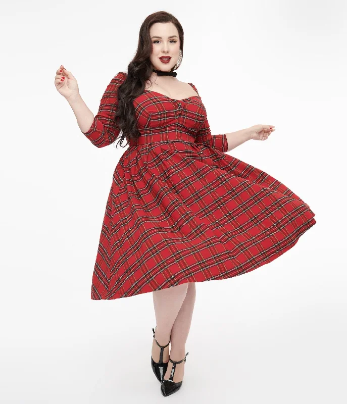  Unique Vintage Plus Size 1950s Red Plaid Lamar Swing Dress