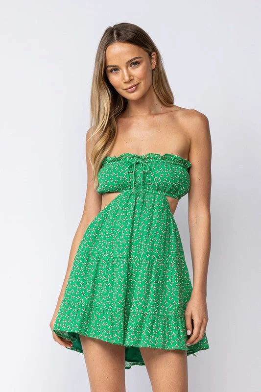 Glittery Casual Dresses for a Sparkly Effect​ Rachel Green Floral Print Strapless Mini Dress