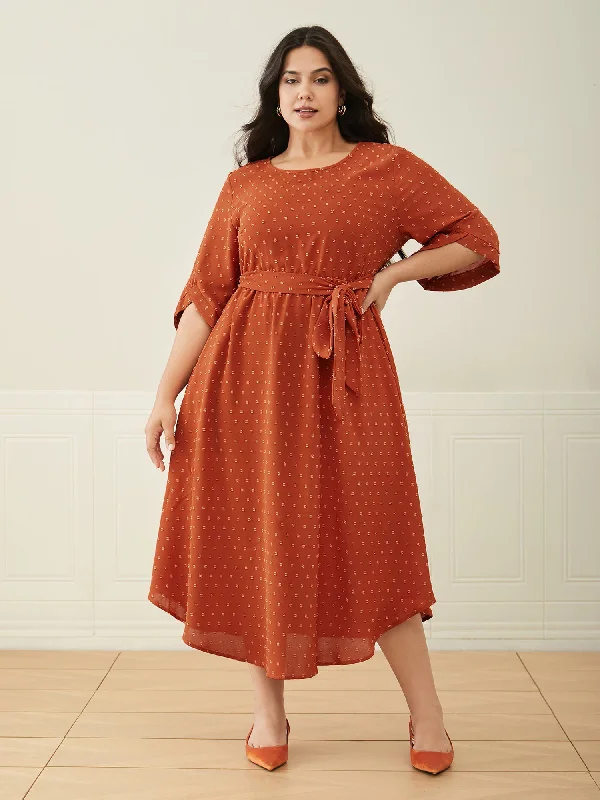 Everyday Corduroy Dress in Autumn Colors​ Textured Bell Sleeve Belted Arc Hem Dress