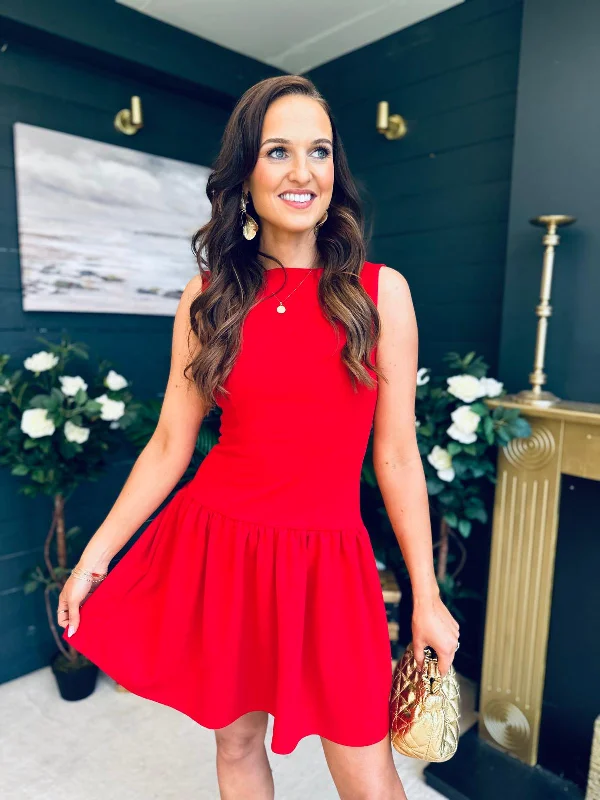  Codi Boat Neck Low Back Mini Dress Red