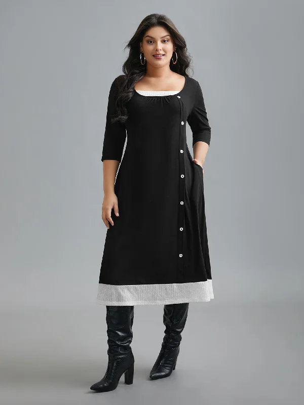 Everyday Midi Dress in Solid Color for Office​ Square Neck Color Block Button Detail Dress