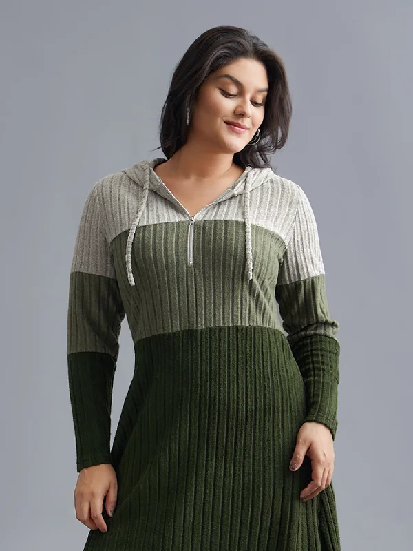  Hooded Half Zip Pit Strip Knit Dress