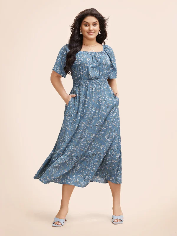 Everyday Dress with Asymmetric Hem for a Unique Look​ Ditsy Floral Pocket Square Neck Shirred Ruffles Dress
