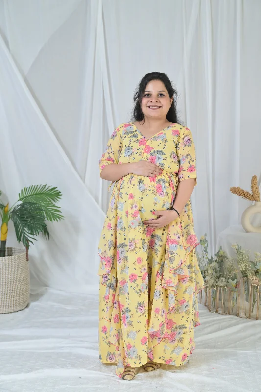 Maternity dress for a tea party Happy Floral Yellow Maternity & Nursing Flow Dress