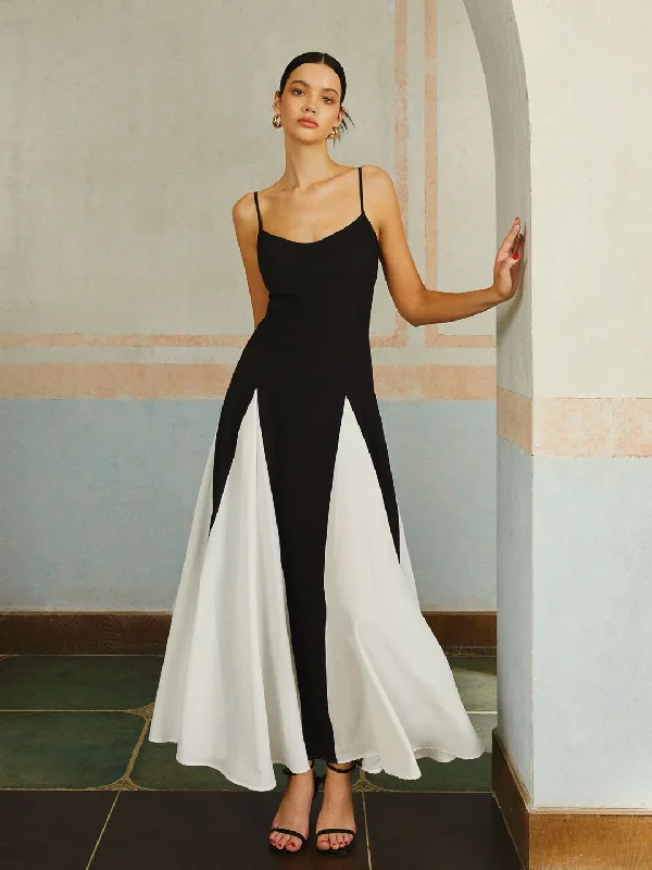 Sequined Casual Dresses for Special Occasions​ Color Block Spaghetti Strap Long Dress