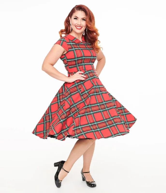 Everyday Dress with Tiered Skirt for a Voluminous Look​ Orchid Bloom 1950s Red Plaid Swing Dress