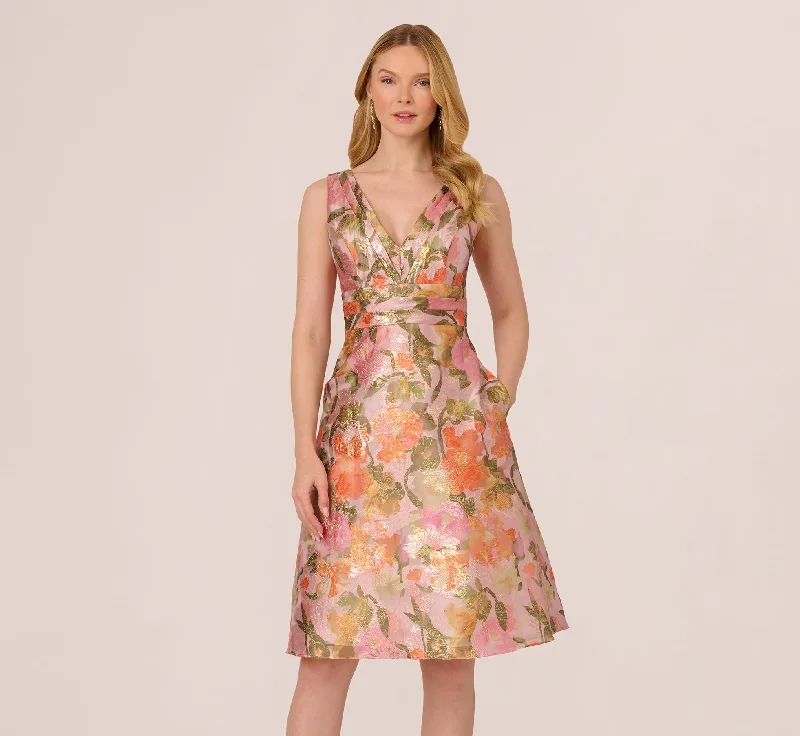High - low midi dresses with geometric patterns for a modern party Metallic Floral Jacquard Midi Dress In Yellow Orange Multi High - low midi dresses with geometric patterns for a modern party Metallic Floral Jacquard Midi Dress In Yellow Orange Multi