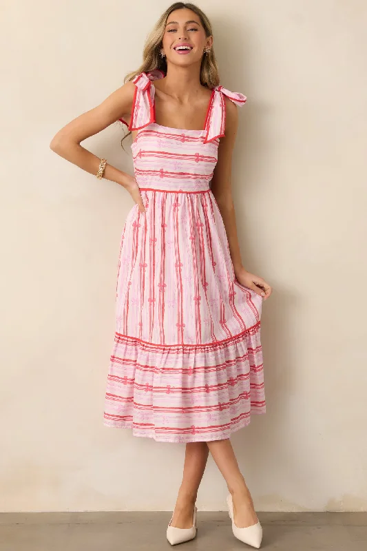 Metallic - Accented Casual Dresses for a Shiny Finish​ Through The Fields Pink Multi Stripe Cotton Midi Dress