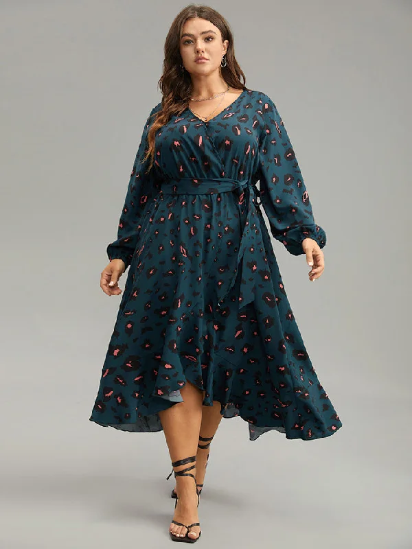 Everyday Dress with Durable Polyester - cotton Blend for Long - lasting Wear​ Allover Print Surplice Neck Flutter Trim Dress