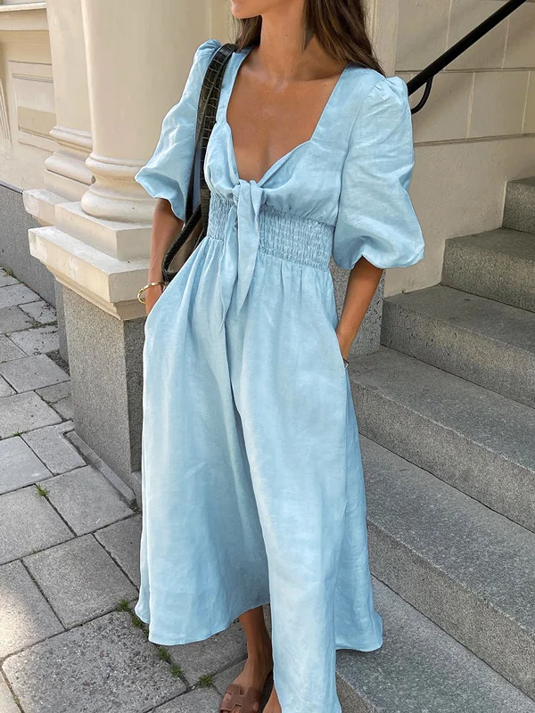Animal - Print Casual Dresses for a Bold Statement​ Linen Cotton Front Tie Midi Dress