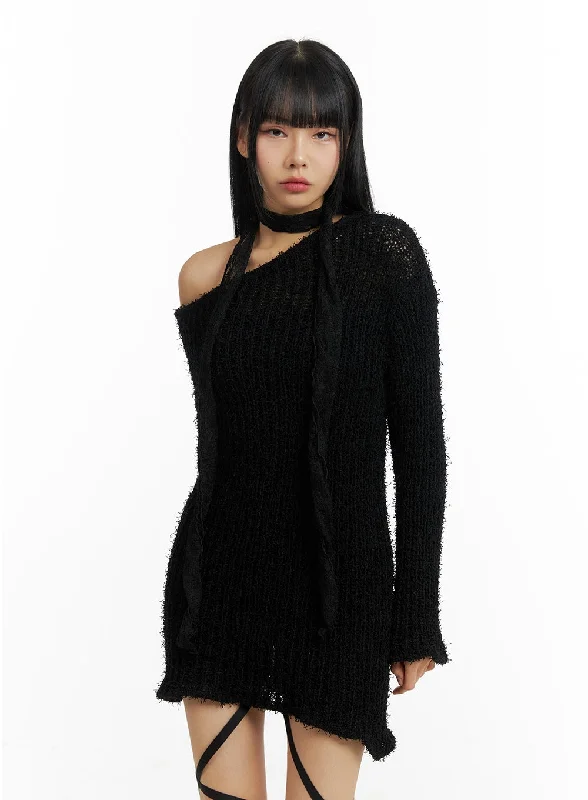 Mini dresses with tiered skirts for added volume Fuzzy Knit Asymmetrical Shoulder Mini Dress CM406